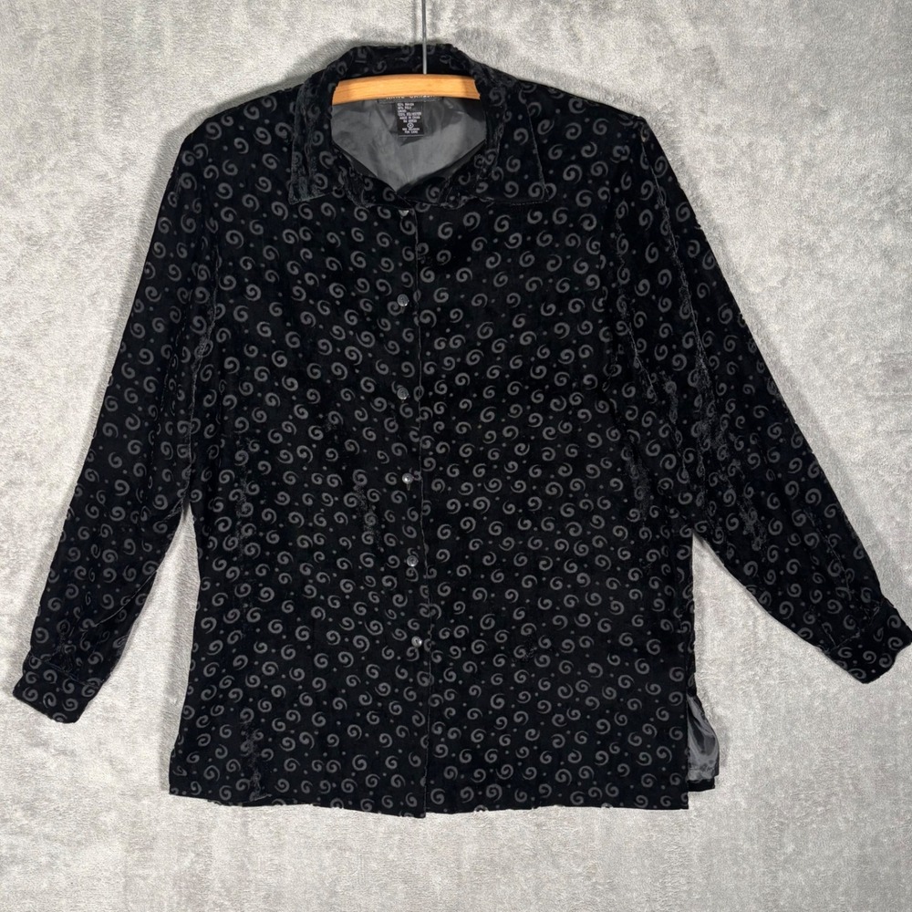 Vintage Anne Carson Black Velvet Burnout Swirl Button Up Shirt Women Size M Goth
